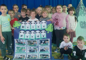 Dzieci prezentują plakat z ciekawostkami o pandach