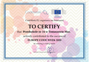 certyfikat przyznany Przedszkolu za udział w Tygodniu Kodowania