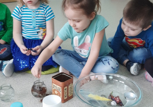 dzieci badają rozpuszczalność produktów w wodzie