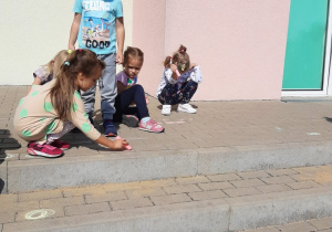 Dzieci rysują kolorową kredą kropki na chodniku