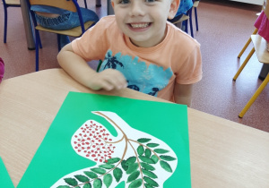 Chłopiec ogląda album liści, w którym znajdują się naturalne liście, owoce danego drzewa oraz ich rysunek wraz z opisem.