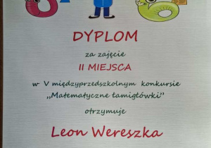Dyplom za zajęcie II miejsca dla Leona Wereszki