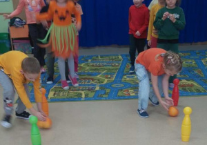 Żabki pokonują slalom z dynią.