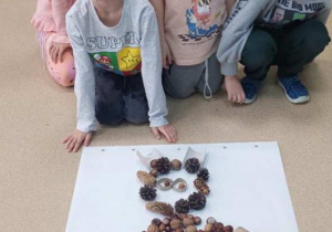 Żabki ułożyły misia z darów natury.