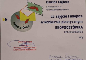 Dyplom za zajęcie I miejsca.