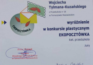 Dyplom za zdobycie wyróżnienia w konkursie.