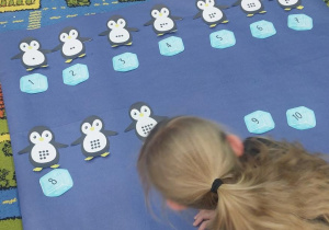 Żabki przyporządkowują kostki lodu z odpowiednią cyfrą do pingwinków