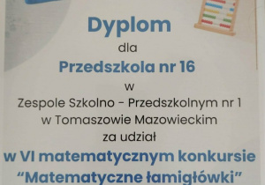Dyplom dla Przedszkola za udział w konkursie matematycznym