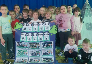 Dzieci prezentują plakat z ciekawostkami o pandach