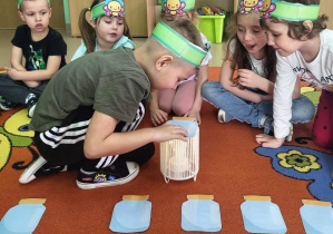 Dzieci z użyciem lampki określają jaki owad ukrył się w słoiczku.