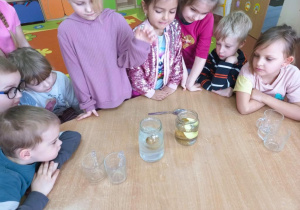 Dziewczynki wykonują doświadczenie z pływającym jajkiem