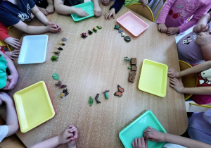 Dzieci prezentują ułożone cykle życia owadów i roślin.