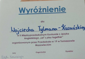 Dyplom za wyróżnienie w konkursie