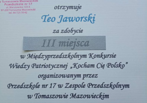 Dyplom za zajęcie III miejsca.