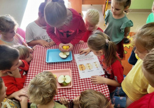 Dzieci prowadzą obserwację jabłek z użyciem lup.