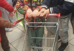 Chłopcy prowadzą sklepowy wózek.